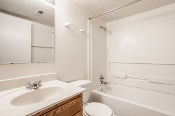 A bathroom with a sink and a tub and a toilet